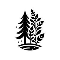 Simplified Black White Nature Illustration Featuring Evergreen Tree, Foliage, and Small Hill, Reflecting Minimalist . vector
