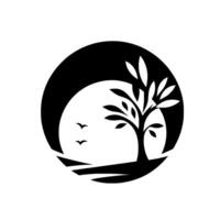 Black and White Circular Minimalist Featuring a Tree Silhouette, Two Flying Birds, and a Geometric Landscape. vector