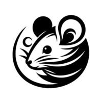 Stylized Black and White Mouse in a Circular Composition, Featuring Whiskers, an Ear, and a Crescent, Perfect for Branding. vector
