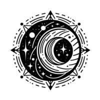 Celestial Mandala in Black White Moon, Stars, and Geometric Accents within a Circular . vector