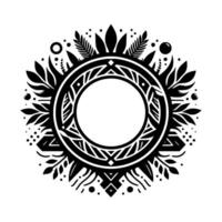 Ornate monochrome emblem featuring a central blank circle surrounded by stylized botanical elements, geometric patterns, and dotted accents. vector