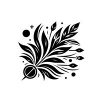 Intricate black and white botanical illustration featuring stylized leaves, arrows, and geometric shapes, set against a stark white background, evoking minimalism and symbolic . vector