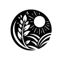 Monochromatic minimalist illustration featuring wheat, leaves, a sunburst, and stylized wheat fields within a circular frame. vector