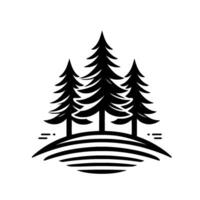 Minimalist Black and White Illustration of Three Evergreen Trees on a Curved Hill, Symbolizing Nature. vector