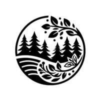 Intricate black and white circular nature featuring stylized pine trees, a curving landscape, and elegant leaf and berry motifs, set against a bright white background. vector
