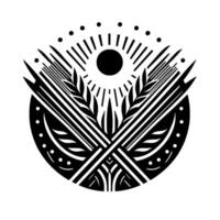 Abstract Black White Composition Featuring Sunburst, Wheat, Geometric Elements in Circular Emblem vector