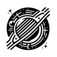 Minimalist Celestial Illustration Black and White depiction of a planet with rings and orbiting elements, set against a stark white backdrop. vector