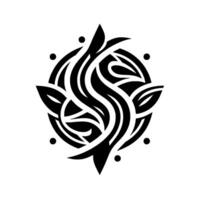 Abstract, symmetrical black and white with swirling organic shapes within a circular frame, evoking natural patterns. vector