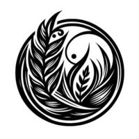 A stylized black and white circular featuring featherlike and grasslike elements, creating a balance within a circular frame. vector