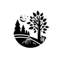 Circular Black and White Autumn Illustration Featuring Trees, Pumpkins, Moon, and Nature Elements. A simple, representation. vector