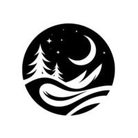 A minimalist, circular emblem featuring a serene winter night scene stylized pine trees, rolling hills, crescent moon, and twinkling stars. vector