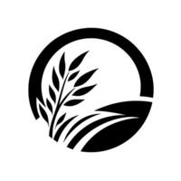 Stylized black and white circular depicting a wheat stalk and fields within a circle, conveying a sense of agriculture. vector