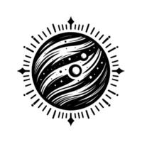 Intricate Black and White Celestial Illustration A stylized planet with swirling bands, moons, and stars, encircled by a radiating, geometric pattern. vector