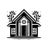 Black and White Illustration Stylized House with Minimalist Architecture, featuring a rounded window, symmetrical , and treelike accents for a clean, modern look. vector