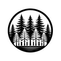 A minimalist black and white featuring a silhouetted forest of pine trees within a circular frame, suggesting tranquility. vector