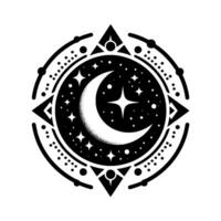 An intricate black and white celestial emblem, featuring a crescent moon, stars, and ornamental geometric shapes within a circular , evoking a mystical and cosmic atmosphere. vector