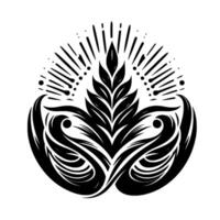 Elegant Black White Floral Centered Leafy Form With Swirling, Symmetric Elements Radial Burst. A , Symbolic Illustration. vector