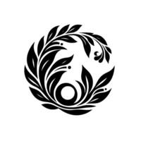 Elegant black floral , encircling a central void, creating a stylized emblem reminiscent of nature and balance, set against a clean white backdrop. vector