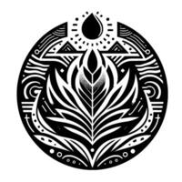 Intricate Black and White Geometric Mandala Featuring a Central Leaf Motif, Droplet, Sunburst, and Repeating Decorative Patterns in a Circular Composition. vector