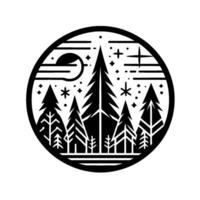 Black and White Circular Minimalist Illustration of a Forest Scene with Pines, Moon, Stars, and a Layered Horizon. vector