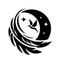 Abstract black and white featuring a stylized bird flying through the night sky within a crescent moon and feather motif. vector