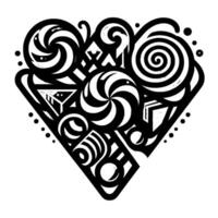 Abstract black and white geometric heart comprised of swirling shapes, geometric forms, and dot borders, a creative visual . vector