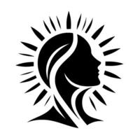 A stylized, minimalist silhouette of a womans profile radiant with light, embodying strength, beauty, and inner illumination, rendered in stark black and white. vector