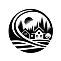 A serene, minimalist emblem showcasing two houses nestled amongst a stylized landscape of rolling hills, tall trees, and a radiant sun within a circular frame, all rendered in bold black and white. vector