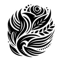 A stylized black and white tribal featuring a floral element, with layered organic shapes, forming an intricate and symmetrical composition on a plain white background. vector