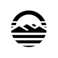 A stylized, minimalist emblem featuring mountain silhouettes within a circular frame of horizontal bands and a curved top, presented in black and white. vector
