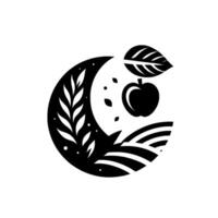A stylized black and white featuring an apple, leaf, and crescent moon shape with foliage, farm, and speckled details. vector
