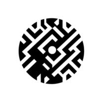 A stark monochrome circular , a labyrinthine pattern of interconnected black and white angular shapes centered around a small white dot. vector