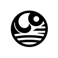Monochromatic circular featuring stylized celestial elements moon, sun over a horizontal line structure, with a balance of negative and positive space. vector