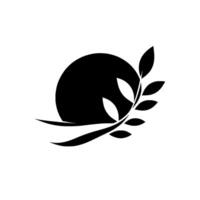 A minimalist black and white emblem featuring a stylized sun silhouette intertwined with a leafy sprig, evoking simplicity and nature. vector