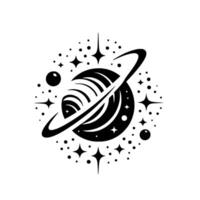 Black and white stylized depiction of a planet with rings, surrounded by stars and cosmic bodies, minimalist aesthetic. vector