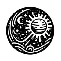Celestial Harmony A stylized black and white illustration of the sun, moon, stars, and cosmic swirls within a circular frame, capturing a sense of balance. vector