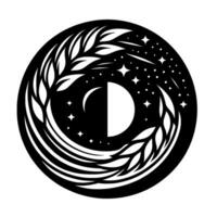 Celestial Circle A monochrome featuring a crescent moon, a halved full moon, twinkling stars, and wheat elements, evoking tranquility. vector