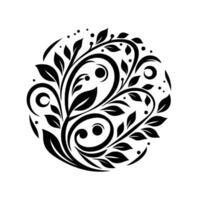 Intricate black and white floral , a symmetrical illustration featuring leaves, spirals, and dots arranged in a circular form. vector