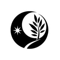 Symbolic Black and White Illustration Crescent Moon, Star, and a BranchLike Leafy Plant within a Circle. vector