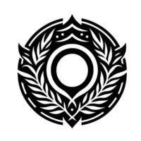 Circular Emblem with Laurel Wreath, Geometric Pattern, and Central Ocular Element, rendered in Bold Black and White. vector