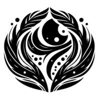 Intricate Monochrome A symmetrical composition featuring swirling black elements, stylized feathers, dot patterns, and a central orblike shape on a clean white background. vector