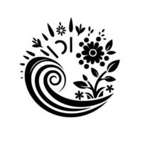 Elegant black and white floral and wave , featuring a stylized flower, leaves, text, and a swirling wave element, arranged in a semicircular composition, evoking serenity. vector