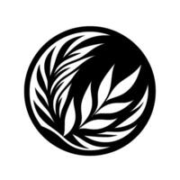 Stylized botanical composition of white leaves inside a black circle on a white background, resembling a minimalistic or emblem. vector
