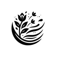 Abstract black floral illustration featuring a stylized blooming flower with leaves and droplets within a crescentshaped enclosure on a white background. vector