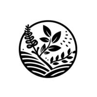 A minimalist circular botanical illustration featuring stylized plants, leaves, and a field landscape, rendered in bold black lines. vector