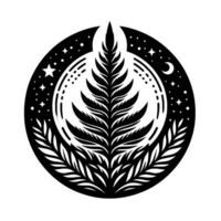 Elegant celestial featuring a stylized central foliage element framed within a circle, stars, and a crescent moon against a stark blackandwhite background. vector