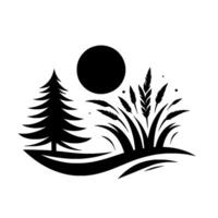 A monochrome landscape with a silhouetted pine tree, tall grass, and a sun, evoking a minimalist serene atmosphere. vector