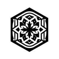 Intricate Geometric Black Mandala in a Hexagonal Frame with Floral Center and Starburst Elements Against White Background. vector