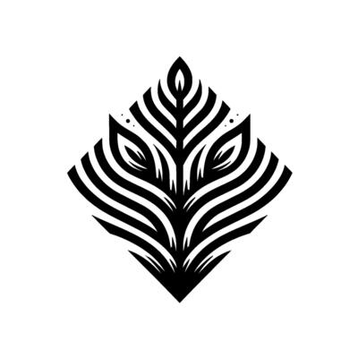 Black and White Geometric Leaf Motif in a Diamond Shape with Stripped Patterns and Minimalist Aesthetics on a White Background.