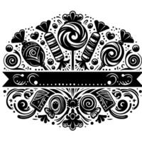 Intricate Black and White Candy Frame Featuring Lollipops, Swirls, Ribbon, and Floral Elements vector
